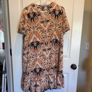 SHEIN Orange and Black Patterned Midi Dress